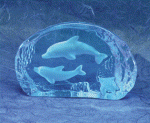 Wildlife Collectibles - Dolphin Mother and Baby on Paperweight Carved Blue Glass 30071
