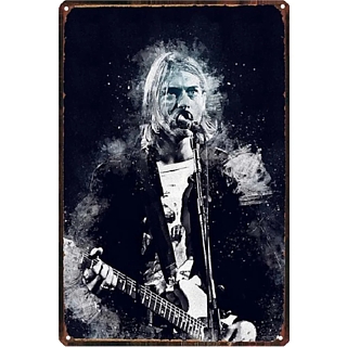 Rock and Alternative Grunge Collectibles - Nirvana's Kurt Cobain with Guitar Singing Metal Tin Sign